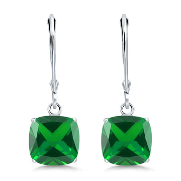 Cushion Cut Bridal Dangling Leverback Earrings Simulated Green Emerald CZ 925 Sterling Silver (6mm-10mm)